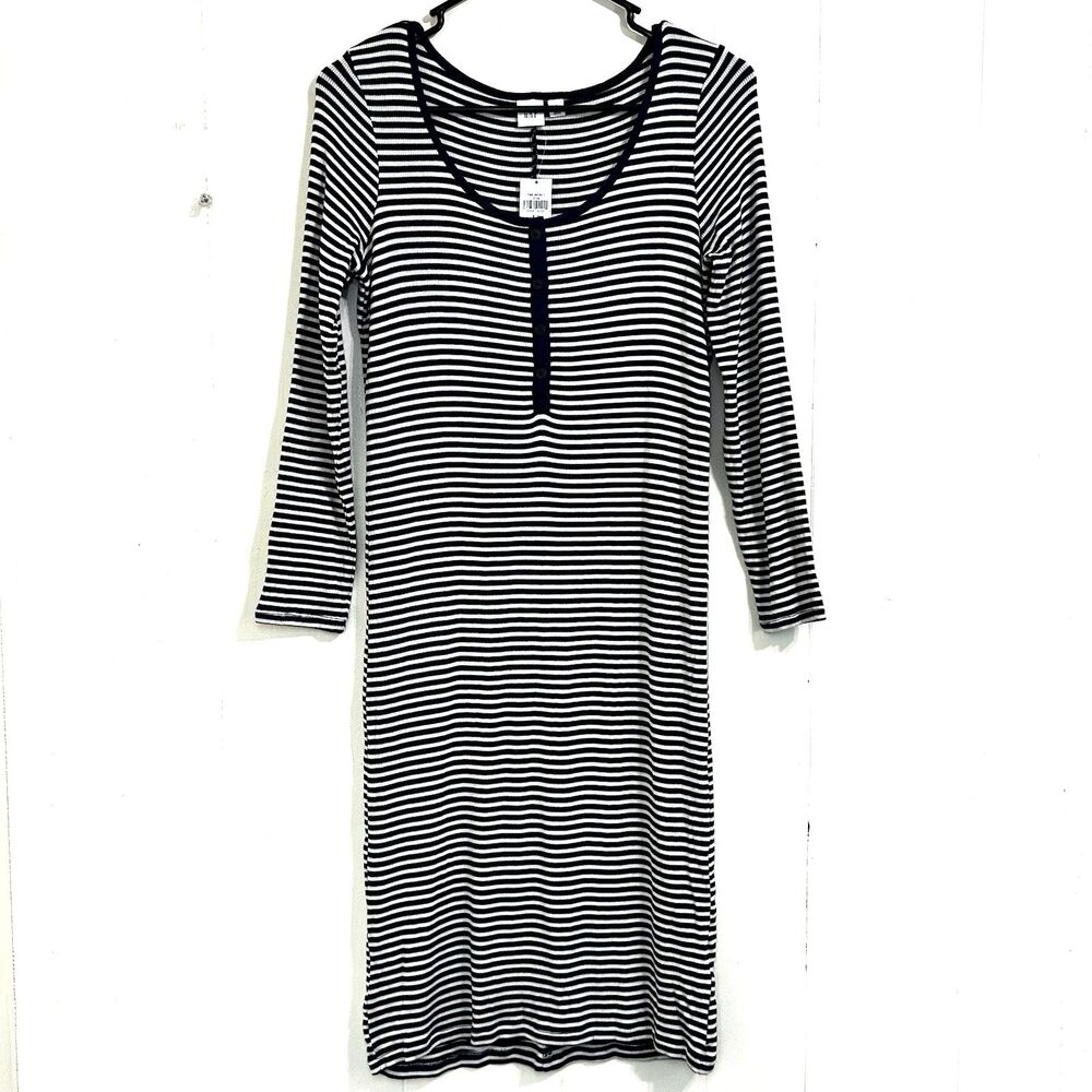 GAP Women Midi Dress Cotton Stretch Navy White Striped Dress Size Small Tall NEW